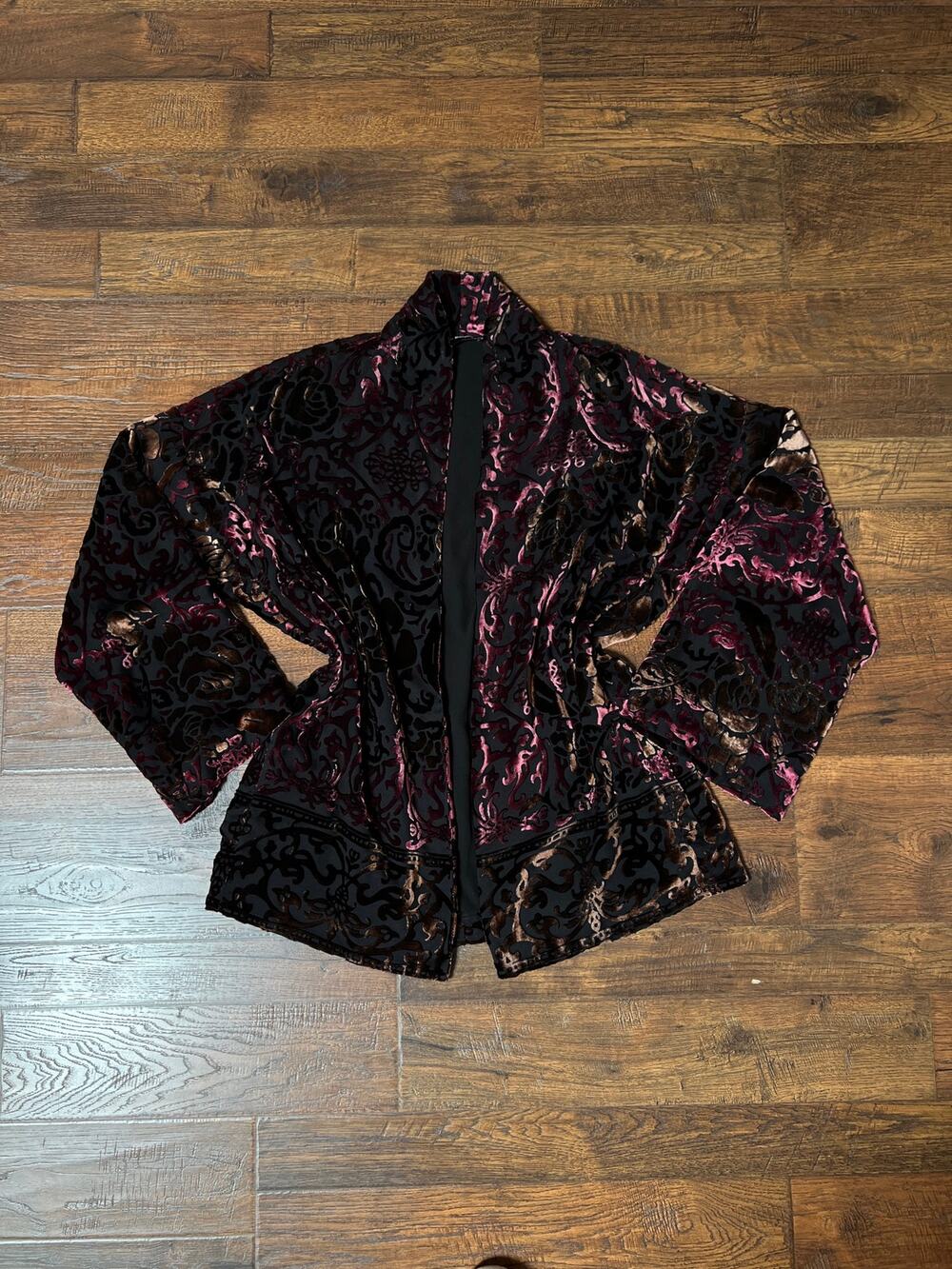 Vintage Style Velvet Burnout Drape Cardigan The Kooples Burgundy Gold Florals M